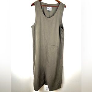 Ashly Brent Sleeveless Jumper Dress Womens L Olive Khaki Button Pocket Maxi 0130